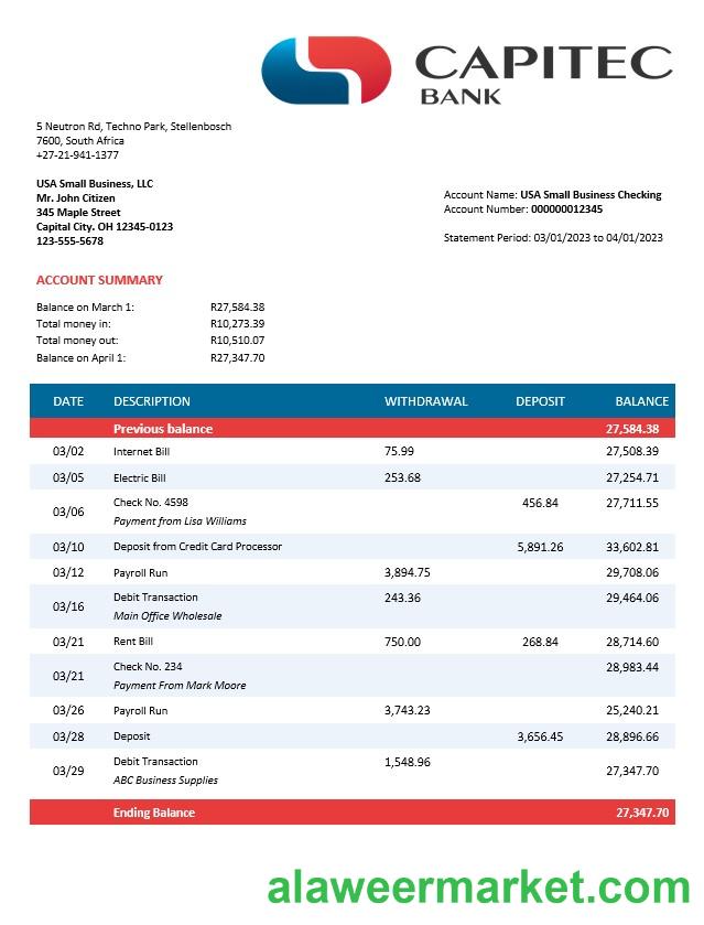 Capitec Bank firm account statement Word and PDF template